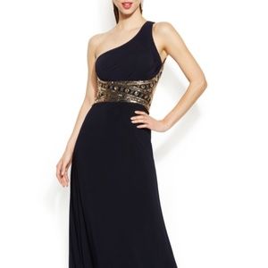 Betsy Adams one-shoulder sequined gown